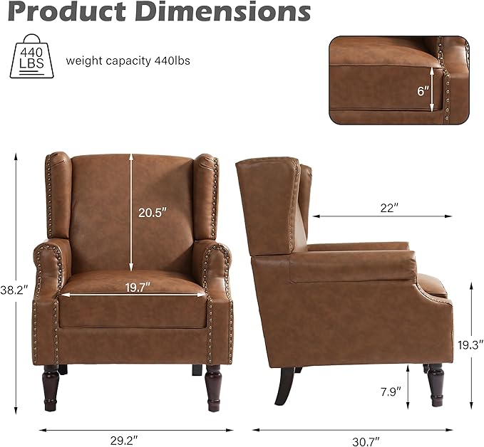UIXE PU Leather High Back Accent Chair, Upholstered Armchair for Living Room, Retro Wingback Arm Chair Nailhead Trim Single Sofa Bedroom Reading Seat with Solid Wood Legs - Brown