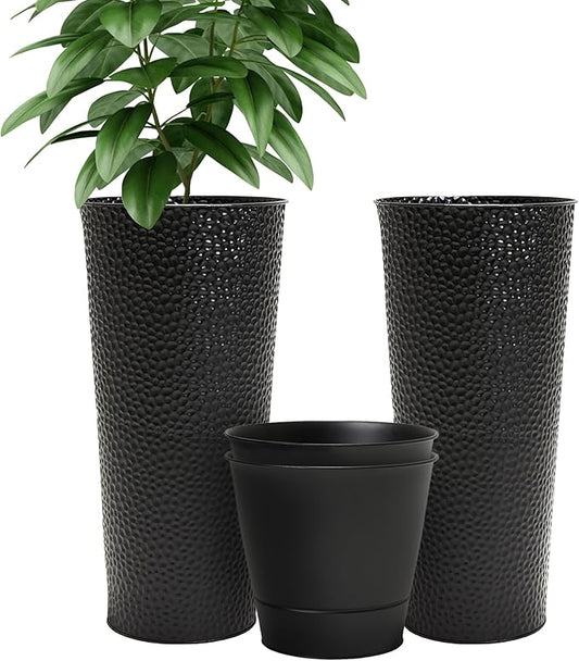 Worth Garden 2-Pack 25" H. Metal Planter with 2X Inside Pots - Hand-Hammered Texture Tall Tapered Plant Pots - Large Handcrafted Flower Pot for Indoor Outdoor, Deck, Patio, Front Porch (Black)