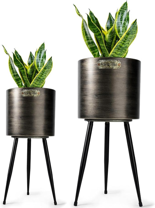 Harvest Land Plant Pots with Stand, Set of 2 Large Modern Planters Metal Tall Handmade Flower Pots with Drainage Holes Indoor Outdoor,Black