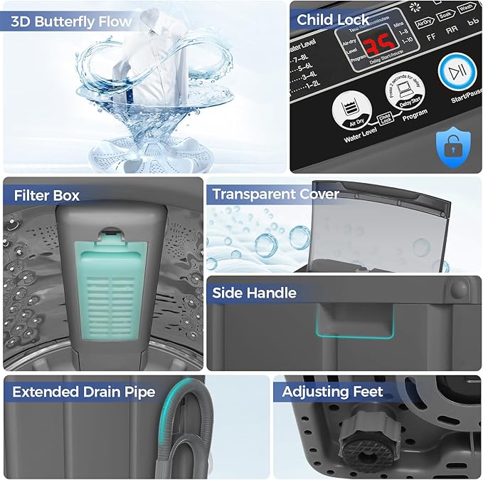 Nictemaw Portable Washing Machine, 20Lbs Capacity Full-Automatic Portable Washer Machine, 2.8Cu.ft Washer and Dryer Combo with with Drain Pump, 10 Programs 8 Water Levels for Apartment, Dorms, RV