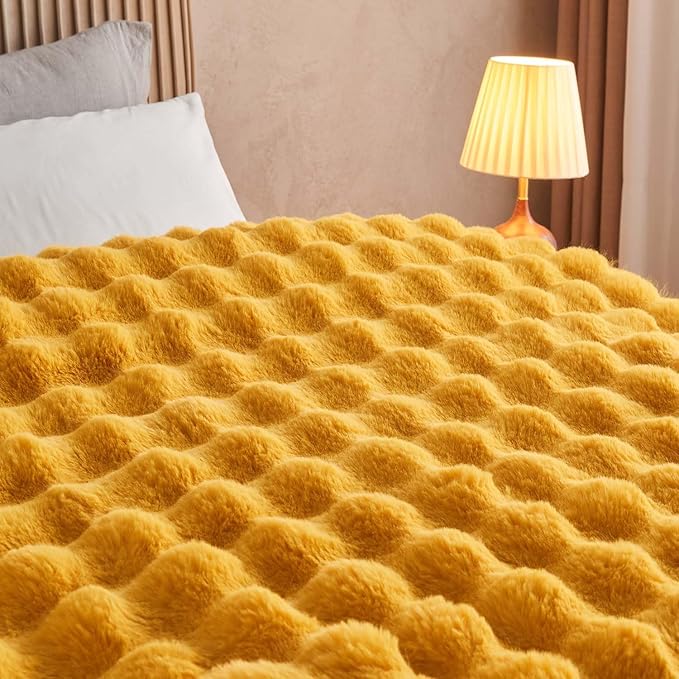 Lotus Karen Faux Fur Throw Blanket Ginger Yellow - Big Bubble Rabbit Fluff Blanket for Couch Bed Sofa,Softest Fluffy Fuzzy Cozy Blanket,Thick Furry Plush Shaggy Warm Blankets for Women,108x90 Inches