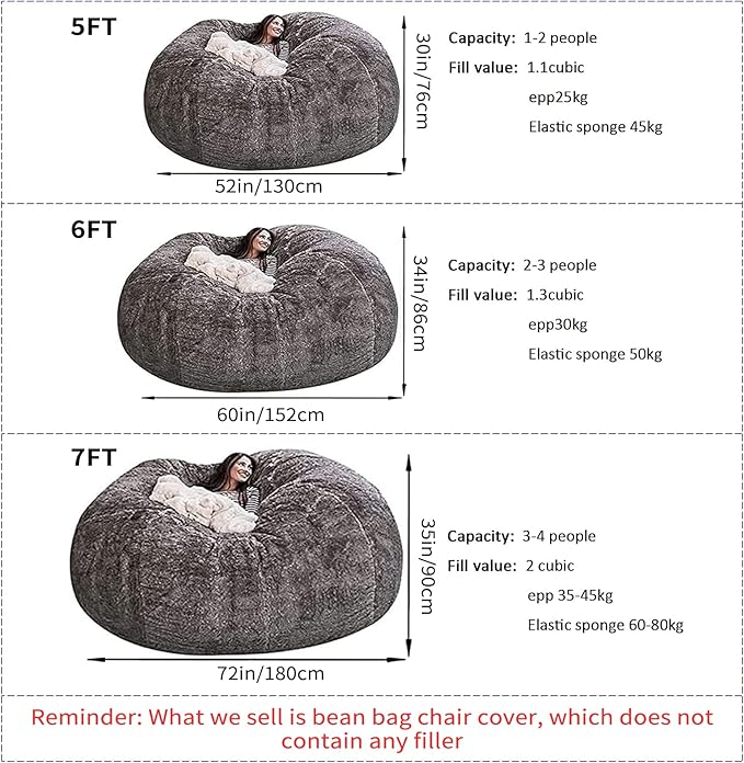 Big Huge Giant Bean Bag Chair for Adults, (No Filler) Bean Bag Chairs in Multiple Sizes and Colors Giant Foam-Filling Required- Machine Washable Covers, Double Stitched Seams (Blood red,7FT)