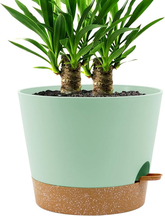 Self Watering Pots for Indoor Plants,12 inch Planters with Drainage Holes Plastic Flower Pots with Deep Reservoir, Green with Brown