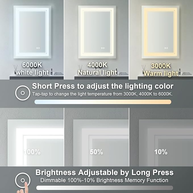 WELLFOR LED Bathroom Vanity Mirror 24 x 32 Inch, Lighted Anti-Fog Dimmable Mirror, IP44 Waterproof Wall Mounted Makeup Mirror, Packed with US Standard Plug and Touch Switch, (Horizontal/Vertical)