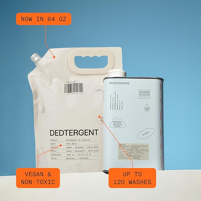 DedCool Liquid Laundry Dedtergent (Xtra Milk Refill 64 oz) Luxurious Fragrance, Scented, Removes Stains, Ideal for 60 Washes, Infused with Essential Oils, Vegan, Non-Toxic, Cruelty & Dye Free