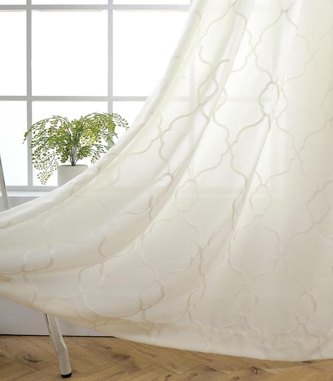 MIUCO Moroccan Embroidery Semi Sheer Curtains Faux Linen Grommet Curtains for Bedroom 52 x 63 Inch 2 Panels, Off White