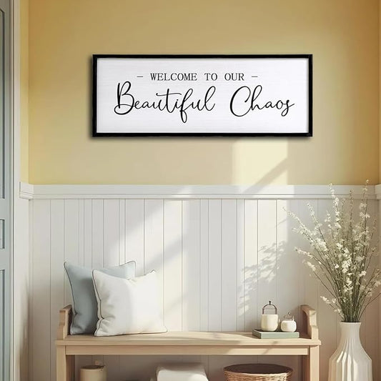 Welcome To Our Beautiful Chaos Sign Wall Decor Framed Wood 32X12 Inch For Rustic Home Living Room Entryway Bedroom Hanging Art (Wood)