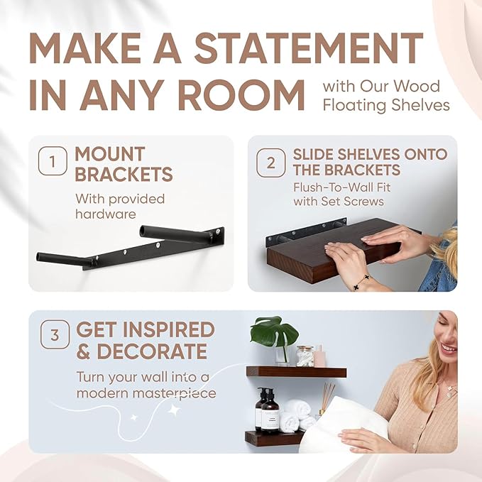 Homeforia Walnut 18 inch Floating Shelf, High End Solid Real Wood 18inch Floating Shelves for Wall Mounted, Dark Brown 18 inches Long Floating Shelves, Heavy Duty Bracket, 18 X 6.5 X 1.75 in, Set of 2