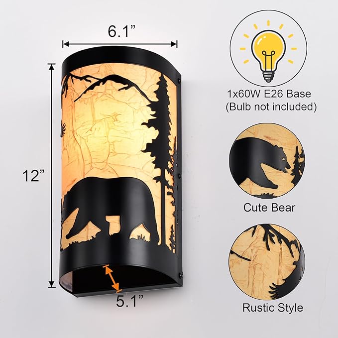 Black Wall Sconces Set of Two,Bear Metal Yellow Parchment Rustic Wall Sconces,Farmhouse Hallway Wall Light Fixtures,Industrial Wall Mount Lamp,Indoor Wall Lamps for Living Room,Bedroom,Porch