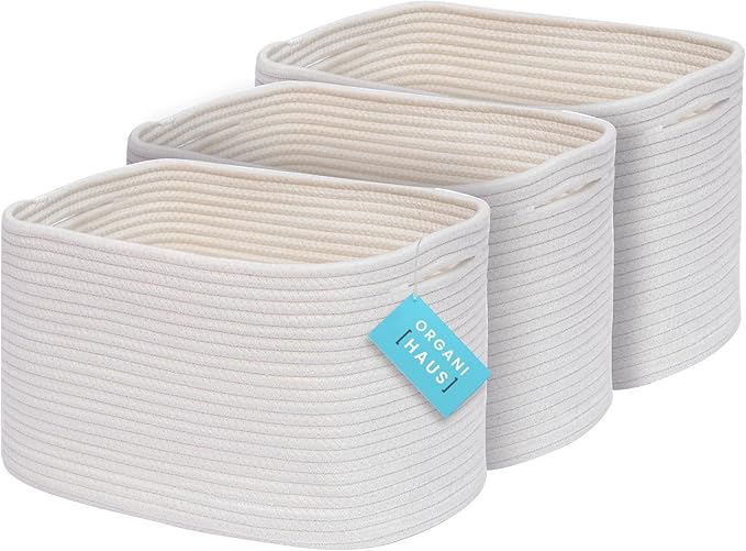 OrganiHaus Set of 3 Woven Storage Baskets for Organizing, Cotton Rope Organizer Bins for Shelves, Closet & Nursery, Dog Toy Basket, Decorative Bins for Toys, Towels & Books - 15x10x9, Off-White