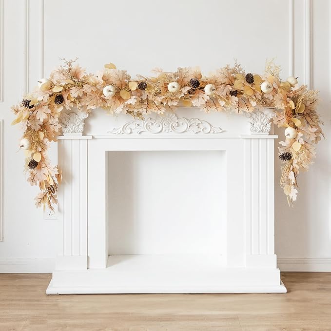 MISSPIN 6FT Boho Fall Garland, Fall Decor Autumn Maples Leaf Garland for Autumn Decor Hanging Vine for Halloween Thanksgiving Home Wedding Fireplace Party Christmas(Beige)