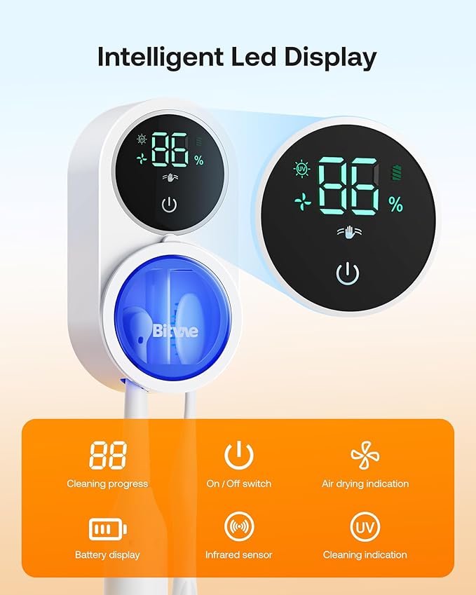 Bitvae Toothbrush Cleaner & Toothbrush Holder, Cleaning and Air Drying, LED Smart Screen, Rechargeable Wall Mount Toothbrush Holder for Bathrooms