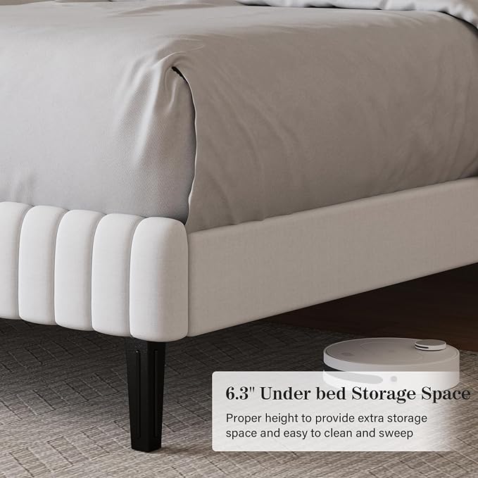 Queen Size Bed Frame with Headboard, Velvet Upholstered Platform Bed with Vertical Channel Tufted Design, No Box Spring Required, Easy Assembly, White