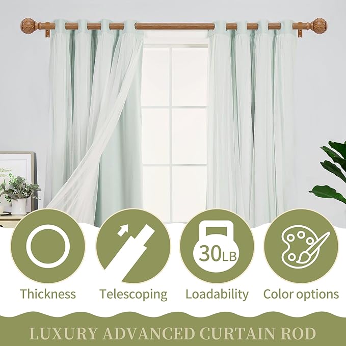Wood Boho Curtain Rods for Windows:72-144Inch Wooden Farmhouse Curtain Rod for Bedroom Living Room,Heavy Duty Adjustable Rustic Decorative Drapery Rod with Vintage Imitation Wood Finial,Brown