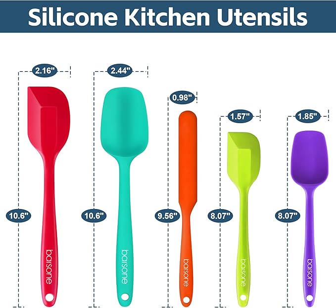 Barsone 5-Piece Silicone Spatula Set（ Heat Resistant 446°F Food Grade BPA Free, Nonstick Cookware Safe Dishwasher Safe Kitchen Tools for Baking, Cooking, Stirring, Multicolor）