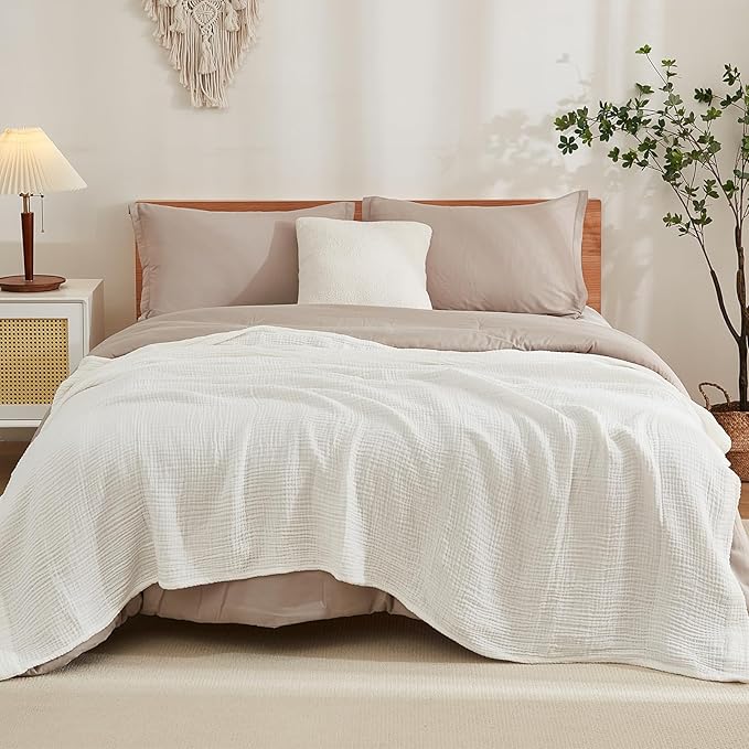 EMME Cotton Bed Blankets White Blankets for Bed Muslin Twin Blanket 60"x80" Lightweight Soft Twin Blanket All Season Gauze Blanket