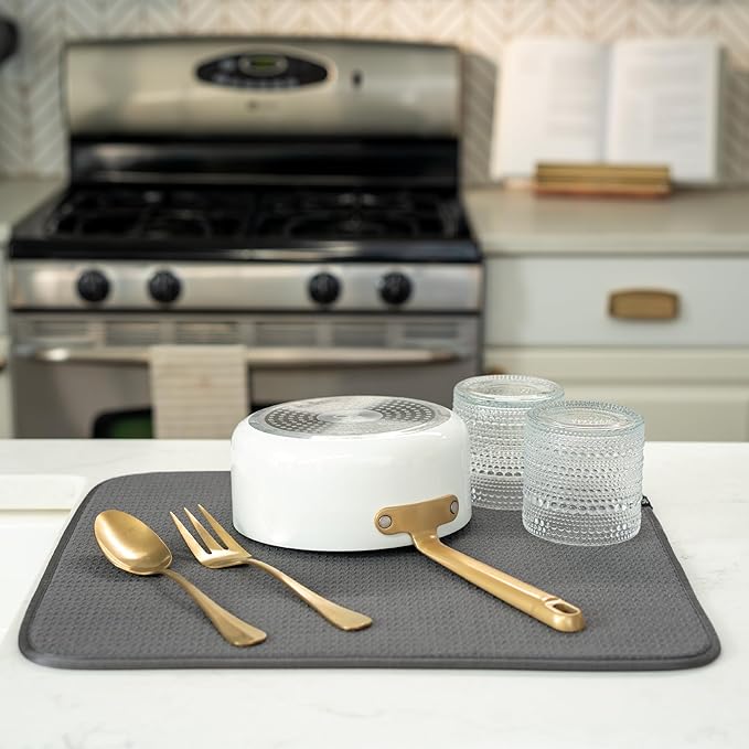 S&T INC. Dish Drying Mat, 16” x 18”, Absorbent Microfiber Kitchen Counter Mat, Dish Drying Pad for Dishes, Utensils, Pots and Pans, Large, Charcoal