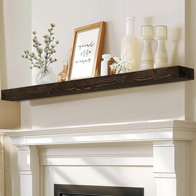 72x8x3 Fireplace Mantel - Solid Rustic Wood - Wall Mounted Floating Shelf with Invisible Heavy Duty Steel Bracket (Weathered Black)