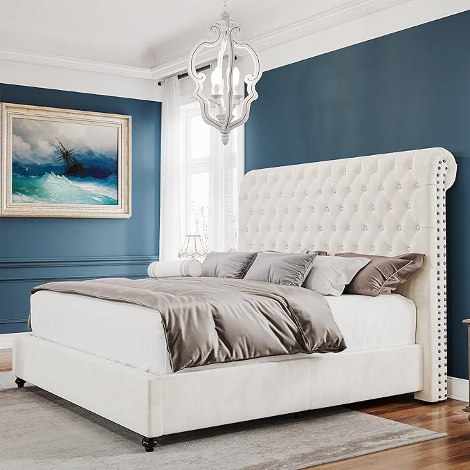 PaPaJet Bed Frame Queen Size Upholstered Platform Bed with 52.8'' Tall Sleigh Headboard, Button Tufted, No Box Spring Needed, Easy Assembly, Cream