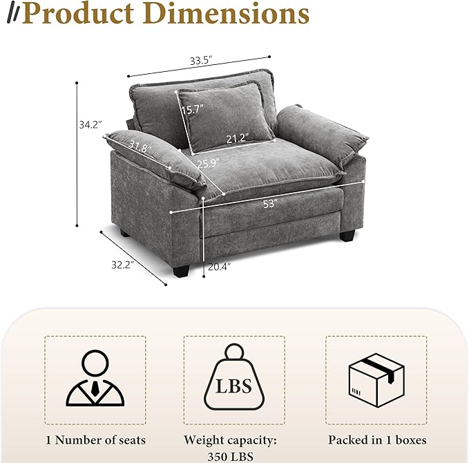 URRED Modular Sectional Sofa Comfy Cloud Couch, Modern Chenille Sofa Sleeper Deep Seat Couches with Ottoman/Pillows for Living Room (Gray, 53'')