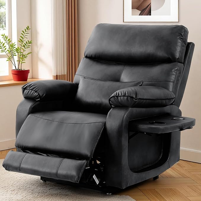 Dual Motor Power Lift Recliner Chair for Adult & Elderly, Infinite Position Lay Flat Lift Chair with Heat & Massage, Cup Holder, Lumbar Pillow, Wireless Charger, USB Ports, Leather (Silver Grey)