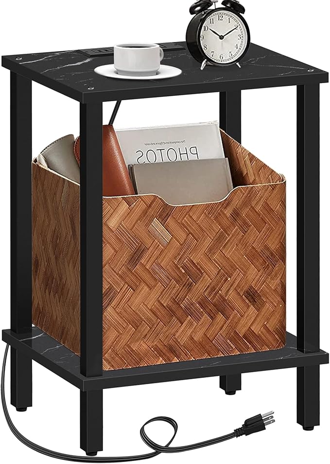 TUTOTAK End Table with Charging Station, Small Side Table, Nightstand Bedside Table, 2-Tier Storage Shelf for Small Space, Living Room, Bedroom, Marble Black TB01BMK040