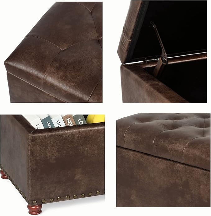 24'' Leather Ottoman with Storage Rectangle Foot Rest Ottomans Stool for Living Room(Brown,Leather Texture)