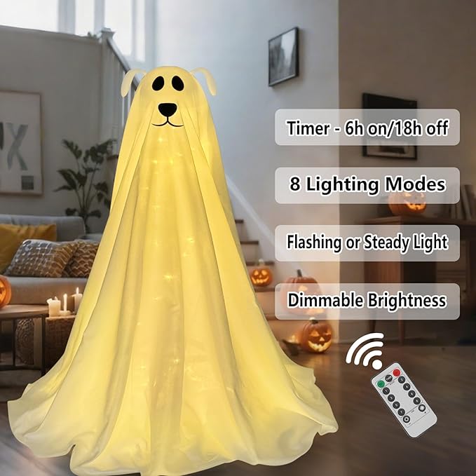 DAZONGE Halloween Decorations, Light-Up Freestanding Spooky Ghost Dog with Remote String Lights Battery Operated, Halloween Ghost Dog for Front Door Porch Yard Lawn Home Party