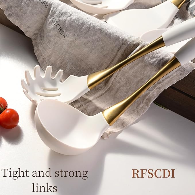 Elegant White Gold Silicone Cooking Utensils Set - Non-Toxic, Dishwasher Safe Kitchen Utensils Set with Heat Resistant Comfort Handles - Includes Spatula & Spoon for Nonstick Cookware