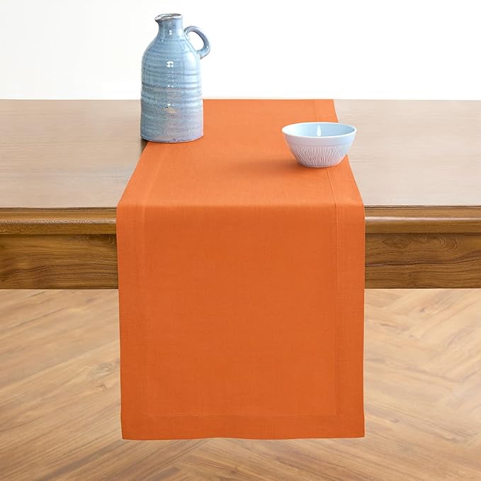 Solino Home Linen Table Runner 60 Inches - 100% Pure Linen Persimmon Orange Table Runner 14 x 60 Inch Ideal for Dresser and Coffee Tables - Fall, Autumn, Halloween, Thanksgiving - Fete