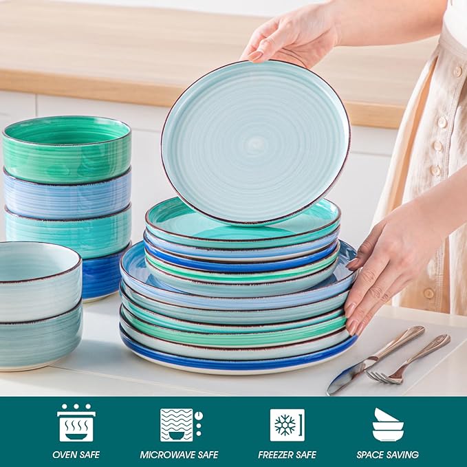 Vancasso Bonita Dinnerware Set - 18 Piece Blue Stoneware Dishes for 6, Plates and Bowls, Dishwasher and Microwave Safe