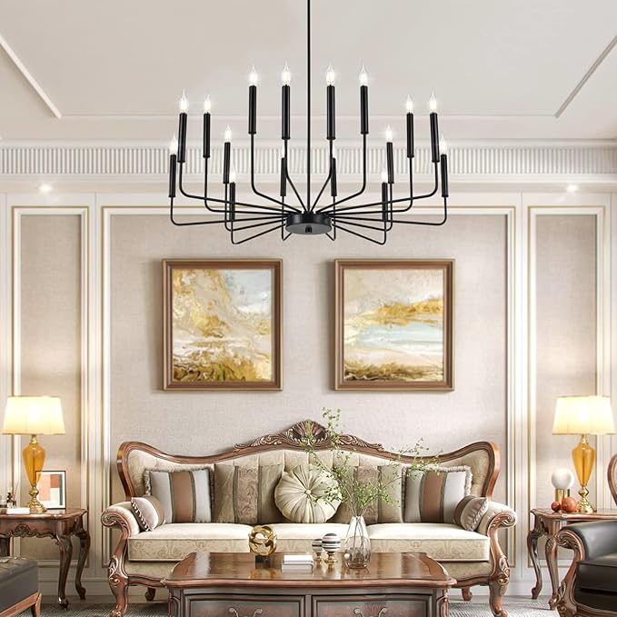 Modern Black Farmhouse Chandeliers, 16-Light Industrial Metal Chandelier Lighting, Classic Candle Hanging Pendant Light Fixtures for Kitchen Island, Living Room, Dining Room, Stair