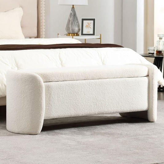 ROCTY White Boucle Storage Bench - 50" Sherpa Ottoman Bench for Bedroom, Entryway, Living Room & Vanity - Teddy Fabric with Storage & Seating