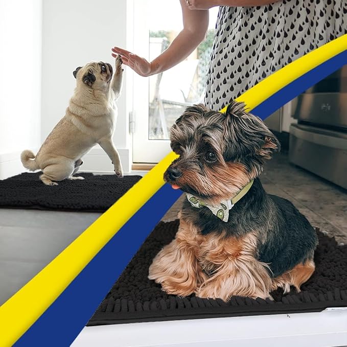 Muddy Mat® 4-Piece Black Medium 30"X19" AS-SEEN-ON-TV Highly Absorbent Microfiber Door Mat, Bath Mat and Pet Rug, Non Slip Thick Washable, Soft Chenille for Kitchen Bathroom Bedroom Indoor and Outdoor