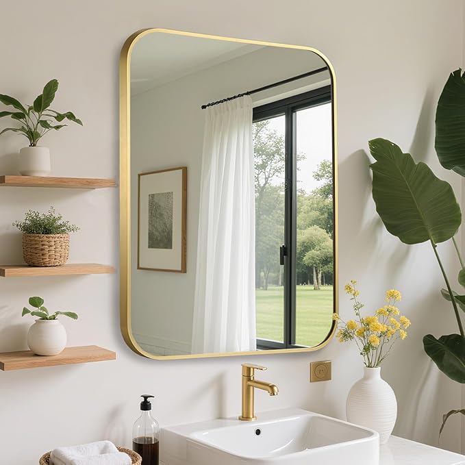 FARMER 30x36 Inch Gold Bathroom Mirror, Rectangle Vanity Mirror, Brushed Mirrors for Wall, Metal Frame Hanging Mirror with Round Corner for Bedrooms, Entryways, Living Rooms, Horizontal/Vertical