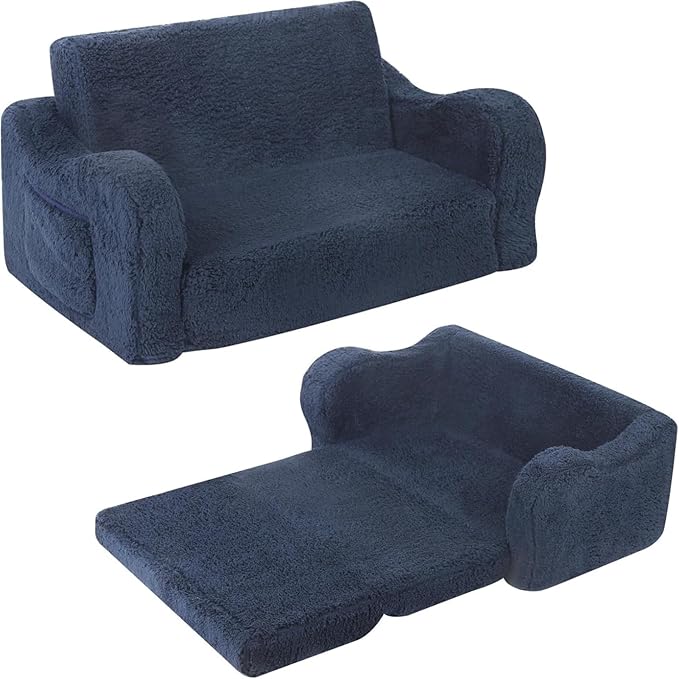 Kids Extra Wide Chairs for Toddler, 2-in-1 Toddler Soft Sherpa Couch Fold Out, Convertible Sofa to Lounger for Girls and Boys, Dark Blue