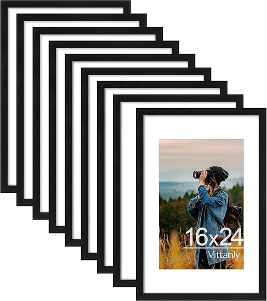 Vittanly 16x24 Picture Frames Set of 9, Shatter Resistant Plexiglass, Display 12x18 Pictures with Mat or 16x24 without Mat, Photo Frames for Wall or Tabletop, PVC Frame, Black