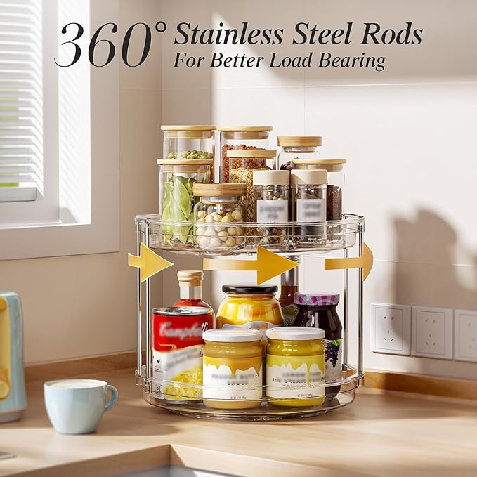 LAMU 2 Pack 10.6'' 2-Tier Lazy Susan Turntable Organizer Rotating Spice Rack Organization for Cabinet, Kitchen, Pantry, Countertop, Bathroom, Vanity, Makeup Organizer, Clear