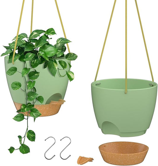 ZMTECH 6.5 Inch Hanging Planters for Indoor Outdoor Plants, 2 Pack Self Watering Hanging Plant Pots with Drainage Holes and Removable Saucer, Plastic Flower Hanging Pots with Watering Lip (Green)