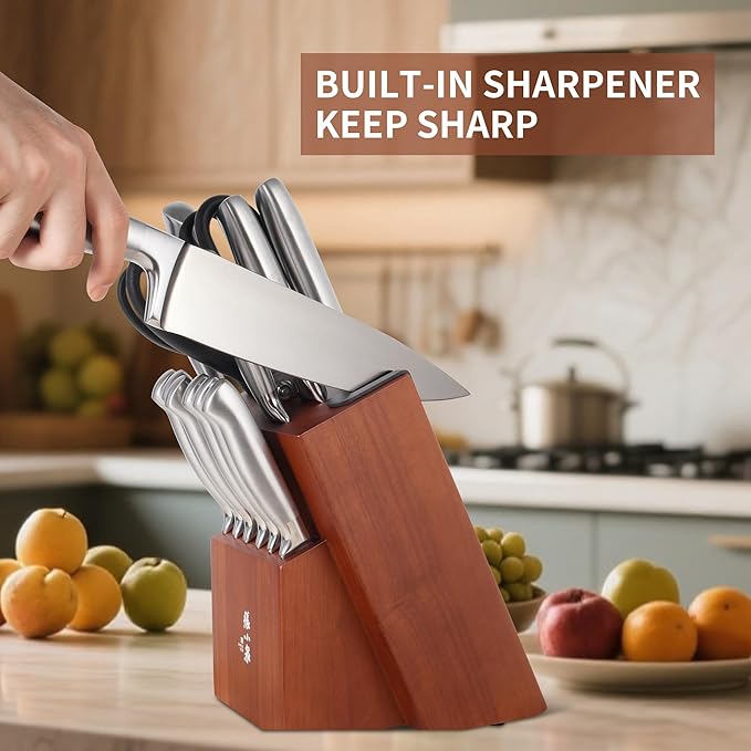 ZHANG XIAO QUAN SINCE 1628 15Pcs Knife Block Set,kitchen knife set with Built-in Sharpener Razor-Sharp High Carbon Stainless Steel Dishwasher Safe(Silver)