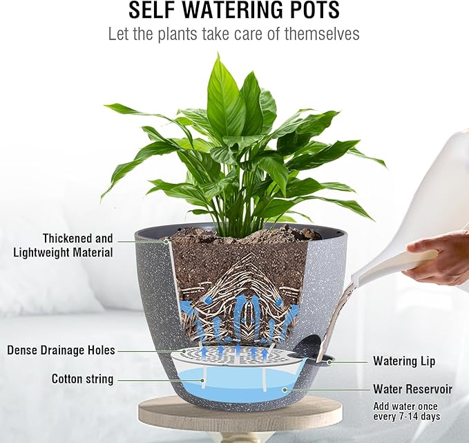 Self Watering Hanging Planters 10 inch, 2 Pack Hanging Flower Pots for Indoor Outdoor Plants, Hanging Baskets with Drainage Holes & 2 Kinds of Plant Hangers for Garden Decor, Speckled Grey