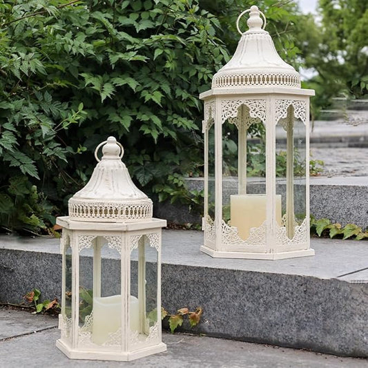 NEEDOMO Lanterns Decorative Outdoor & Indoor, Set of 2 Outdoor Lanterns for Porch,Large Candle Lantern, Beige Metal Frame with Glass for Fall, Christmas