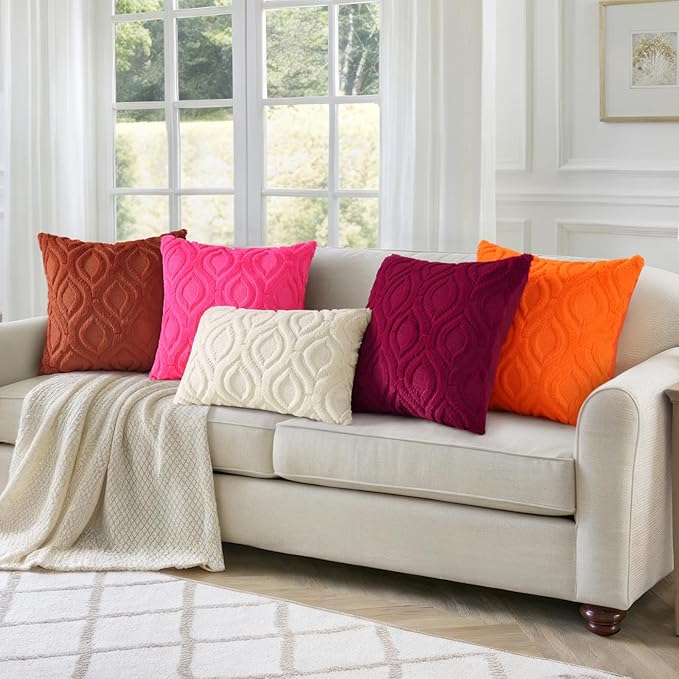 decorUhome Fall Throw Pillow Covers 26x26 Inch Set of 2, Soft Plush Decorative Faux Fur Orange Solid Couch Pillow Covers, Accent Farmhouse Neutral Square Euro Pillow Cases for Sofa Bed Living Room
