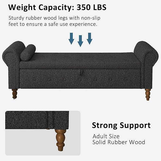 Storage Ottoman Bench for Bedroom, 63" End of Bed Bench with Rolled Arms Upholstered Ottoman Bench Fit for Bedroom, Living Room, Entryway, Linen Dark Gray