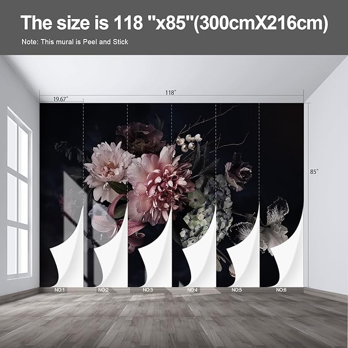 Black Floral Wall murals Peel and Stick Flowers Wallpaper for Bedroom Living Room - 85"x118"