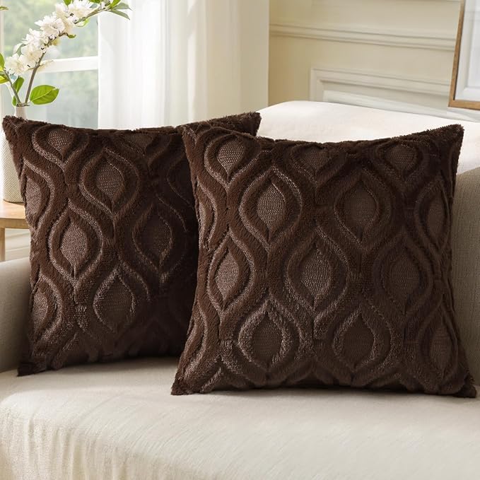 decorUhome Throw Pillow Covers 26x26 Inch Set of 2, Soft Plush Decorative Faux Fur Dark Brown Solid Couch Pillow Covers, Accent Farmhouse Neutral Square Euro Pillow Cases for Sofa Bed Living Room