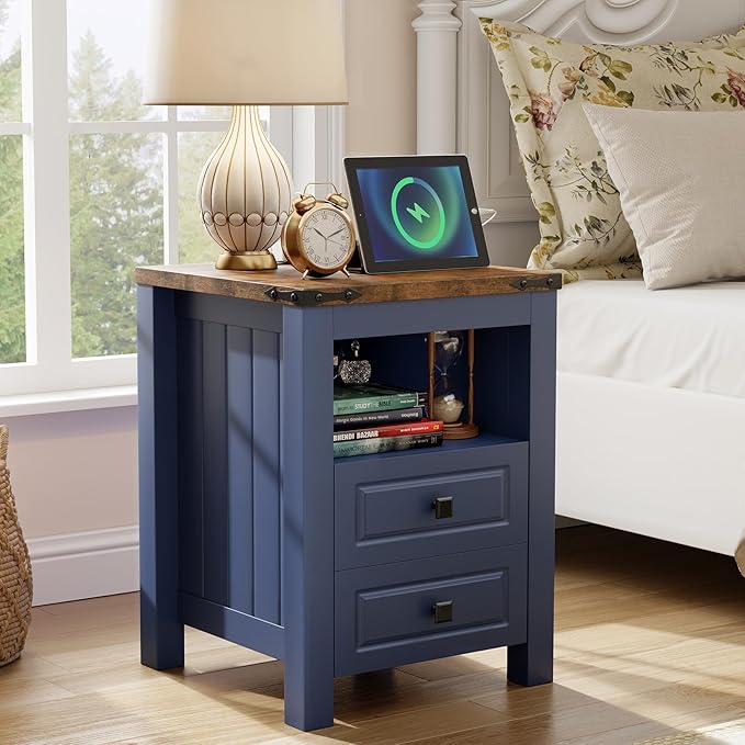 Apicizon Side Table, Farmhouse End Table with Charging Station and Storage Cabinet, 17'' Bedside Table with Drawers, Rustic Small Coffee Table for Living Room, Bedroom