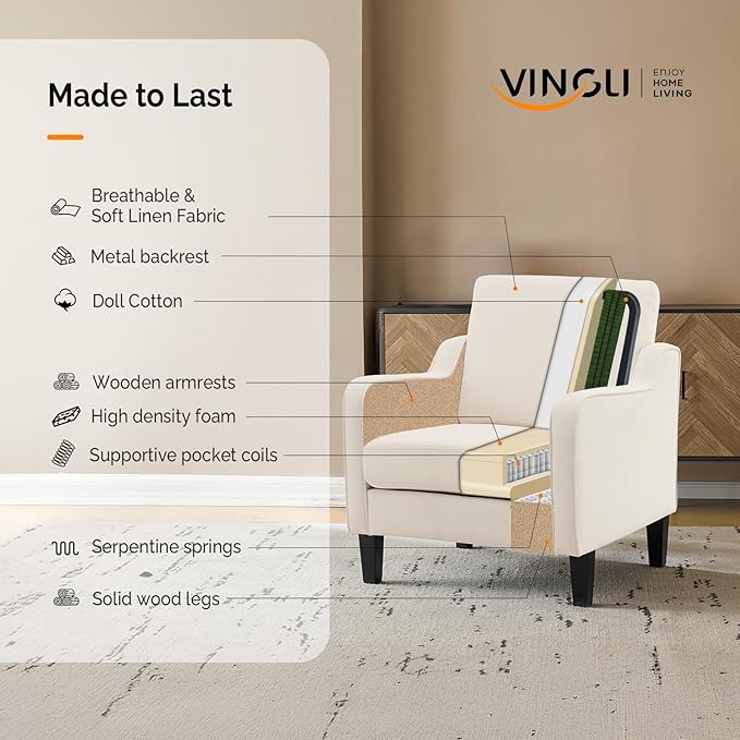 VINGLI Modern Accent Chairs Set of 2, Beige Living Room Chairs Comfy Armchair for Bedroom, Upholstered Sofa Chair Reading Chair for Small Spaces, Apartment, Waiting Room