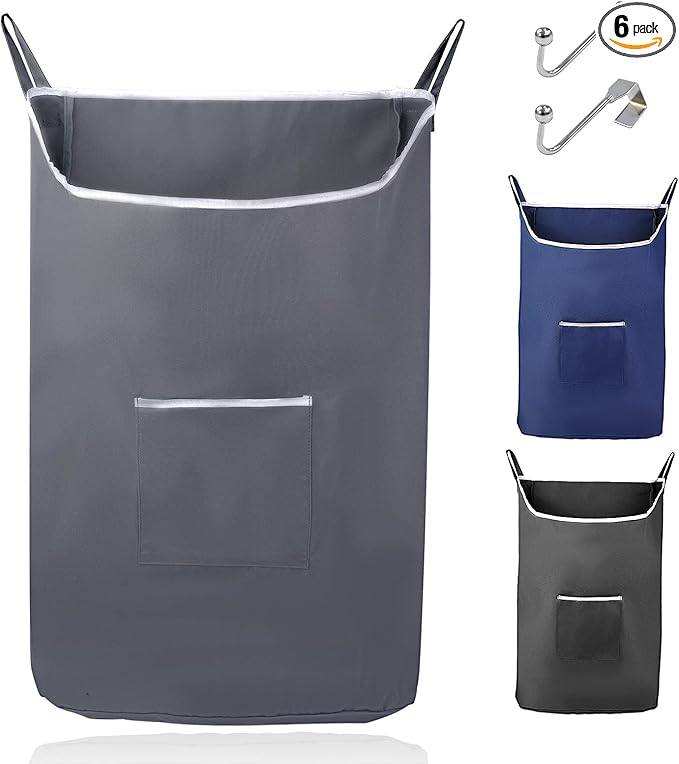 The Fine Living Co. X-Large Hanging Laundry Hamper with Over Door Hooks & Adhesive, Durable Space Saving Laundry Bag with Zipper and Wide Open Top,Hanging Dorm Laundry Hamper 20"x3.75"x31" (Gray-XL)