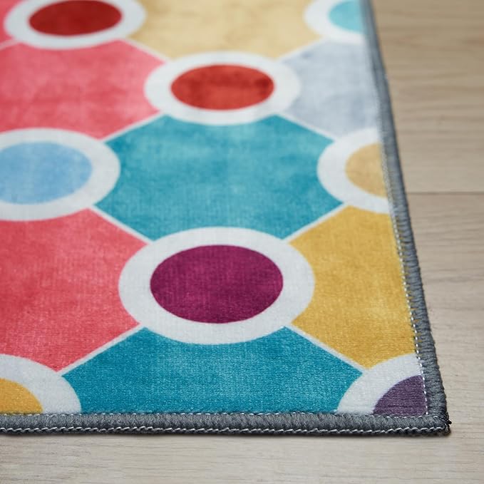 Machine Washable Polka Dot Rug for Kids Area - Multicolor Soft Rug for Nursery/Playroom/Classroom - 5x8
